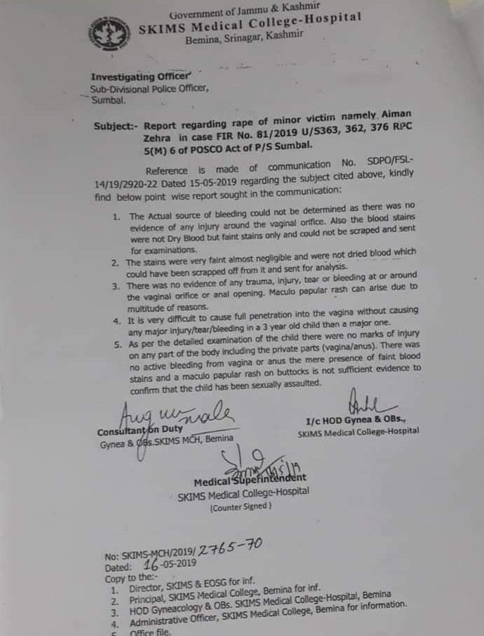 Sumbal Minor’s rape: Medical report rules out rape Sumbal Minor’s rape: Medical report rules out rape