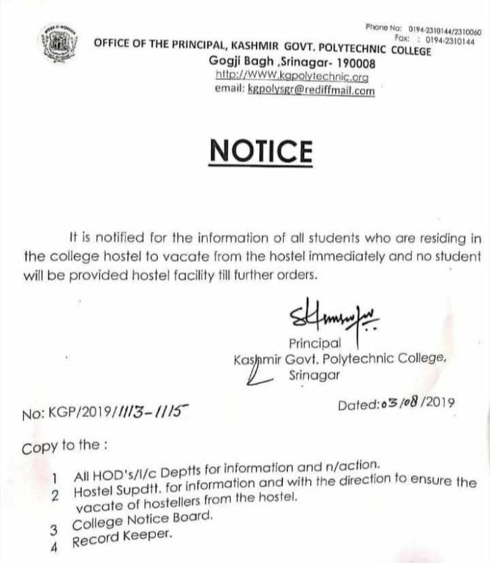Kashmir Govt Polytechnic students asked to vacate college hostels