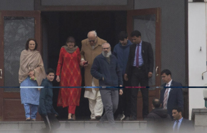 NC chief Farooq Abdullah meets his son Omar Abdullah in Srinagar sub-jail