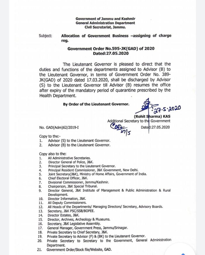 LG assigns duties, functions of Adv Bhatnagar to Adv Sharma