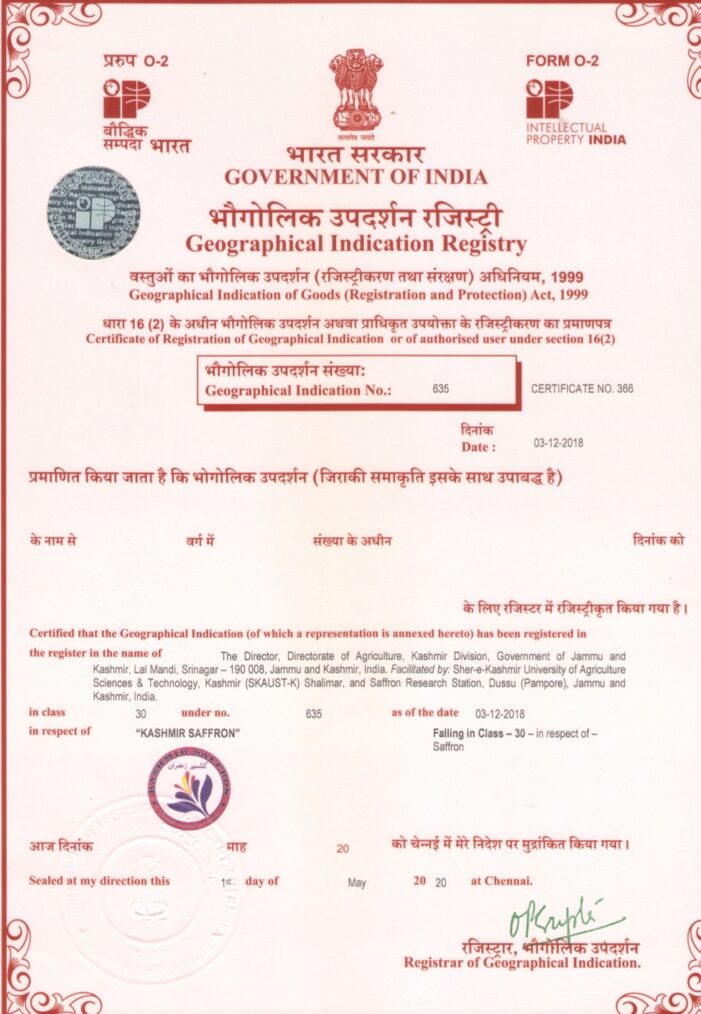 GoI issues certificate of GI registration for the Saffron grown in Kashmir Valley