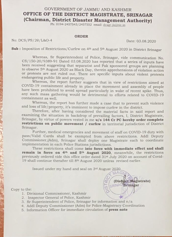 Govt orders curfew in Srinagar on 4, 5 Aug