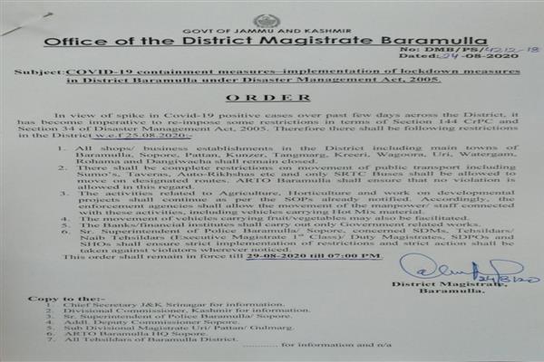 Lockdown measures extended in Baramulla till August 29 in view of surge in Covid-19 cases