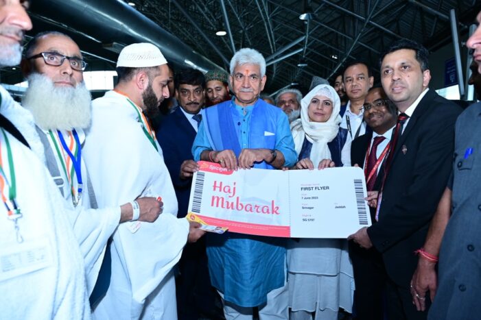 Lt Governor flags off J&K UT’s 1st batch of Haj pilgrims from Srinagar International Airport